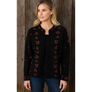 Talbots Vintage Cardigan Button Front with Red/Green Floral Embroidery, Sz M